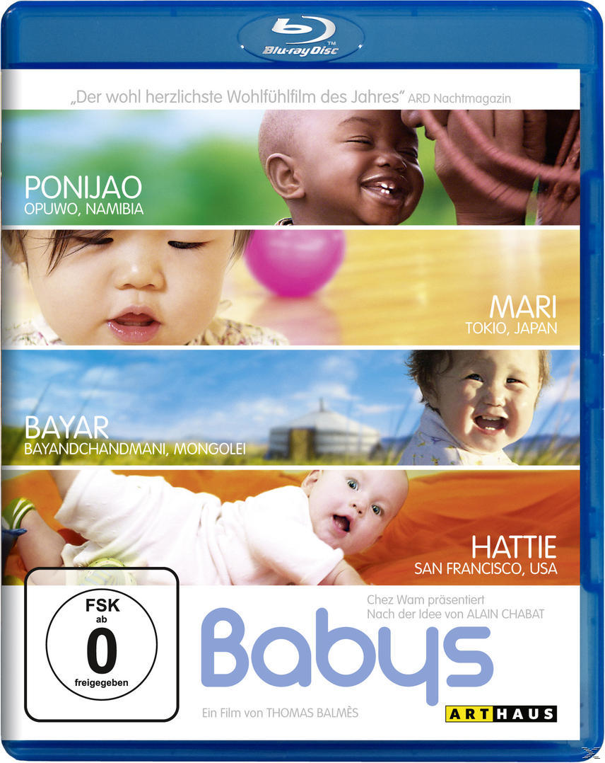Blu-ray-Cover 'Babys' mit Babyfotos und Orten: Namibia, Japan, Mongolei und USA.
