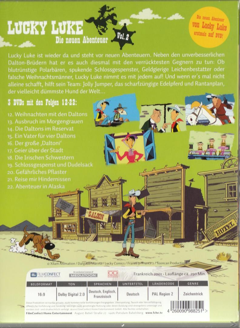 Lucky Luke DVD-Rückseite mit Zeichentrick-Szenen und Text in mehreren Sprachen.