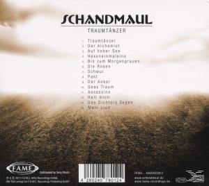 Albumcover von Schandmaul, mit einer Liste von Songtiteln vor verschwommenem Hintergrund.