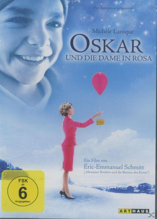 DVD-Cover für 'Oskar und die Dame in Rosa', mit dem Gesicht eines Jungen und einer Frau in Rosa, die einen Ballon freigibt.