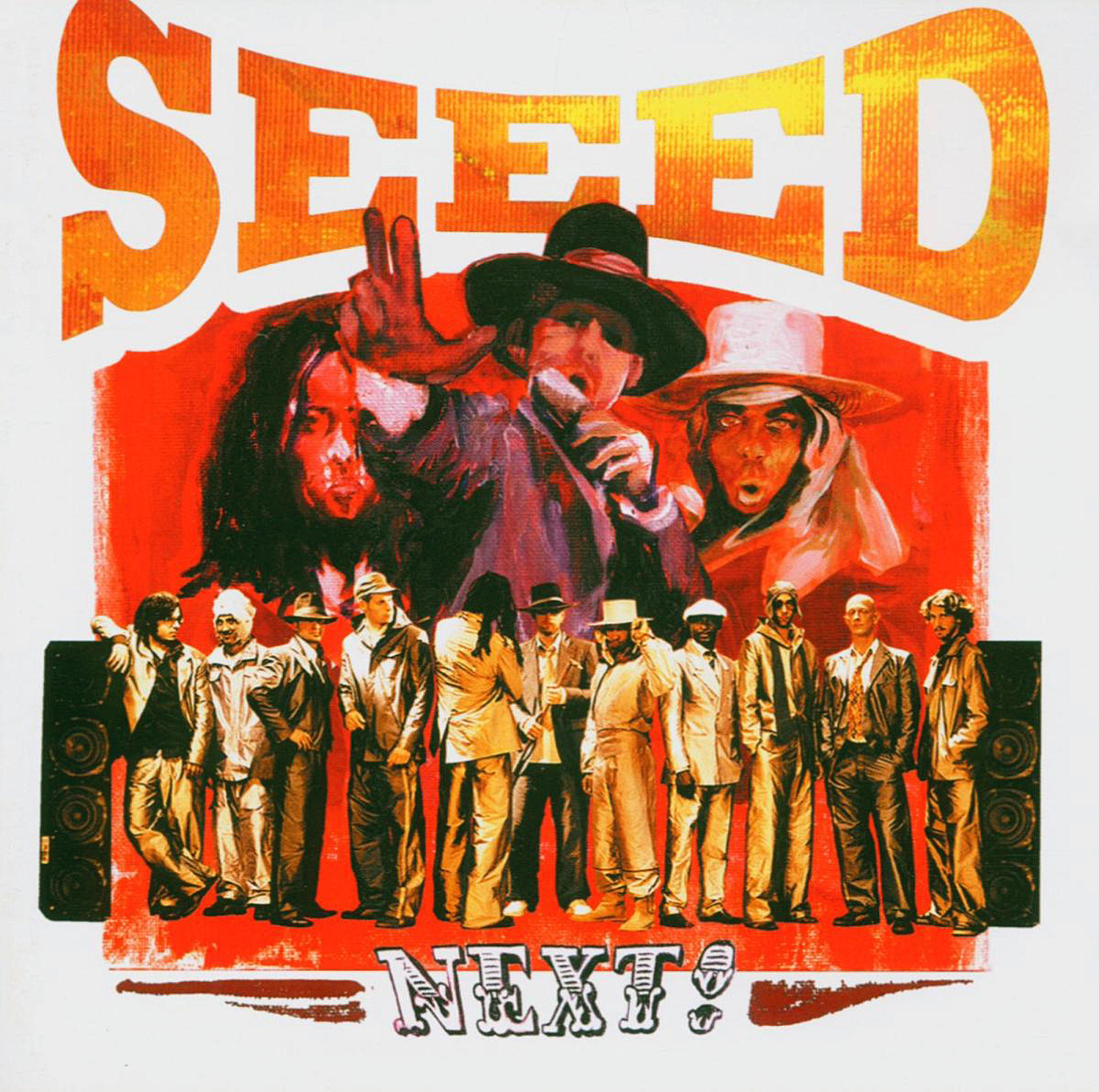 Albumcover mit einer Gruppe von Leuten, einer mit Mikrofon, vor rotem Hintergrund mit "SEED" und "NEXT?"