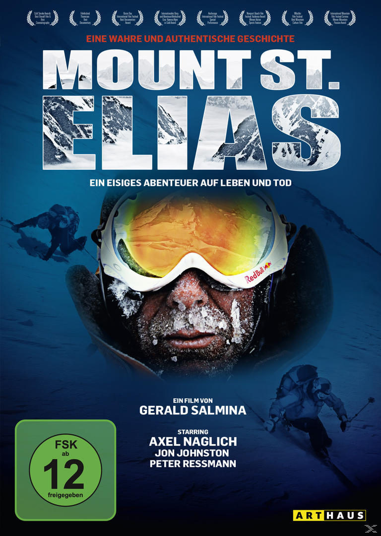 Filmdvd-Cover von 'Mount St. Elias', Mann mit Brille und Skifahrer in Schneeszene.
