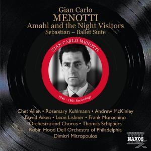 Schallplattenhülle: Gian Carlo Menotti. Porträt in einem roten Kreis. Namen der Künstler sind unten aufgeführt.