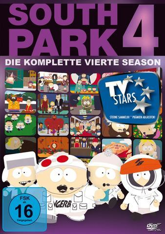 DVD-Cover für South Park Staffel 4. Enthält die Charaktere und das Logo der Show mit Text.