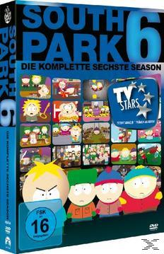 South Park Staffel 6 DVD-Box. Zeigt Cartoon-Figuren und den Titel der Show.