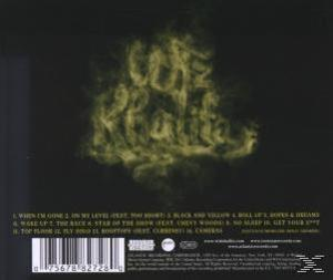 Albumcover mit verschwommenem, gelb-grünem Text auf dunklem Hintergrund. Titelliste unten.