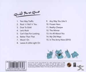 Rückseite einer Quid Pro Quo CD. Der Text listet Songs mit Barcode und kleinen Zeichnungen auf.