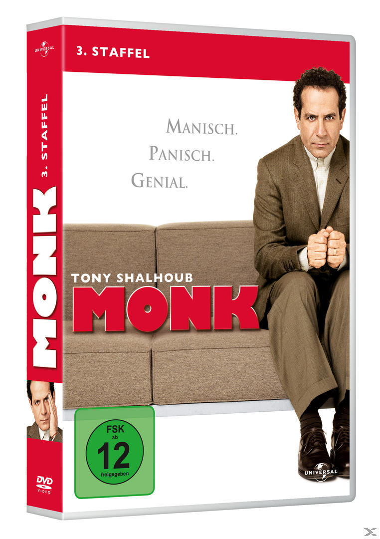 Monk DVD-Cover. Tony Shalhoub sitzt auf einem Sofa. Text: Monk und deutscher Text.