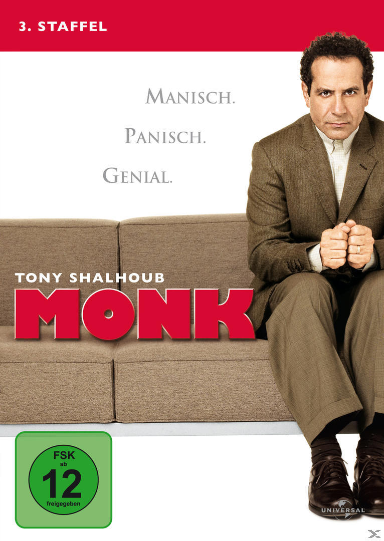 Monk DVD-Cover mit Tony Shalhoub. Text: Manisch, Panisch, Genial. Grünes FSK-Alterskennzeichen.