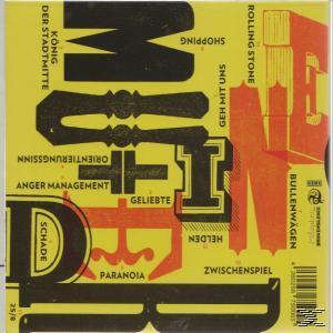 Albumcover mit gelbem Hintergrund und schwarzem und rotem Text. Das Wort 'MON' ist sehr groß.