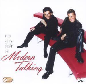 Albumcover mit zwei Männern in schwarzen Anzügen, roten Bänken. The Very Best of Modern Talking.