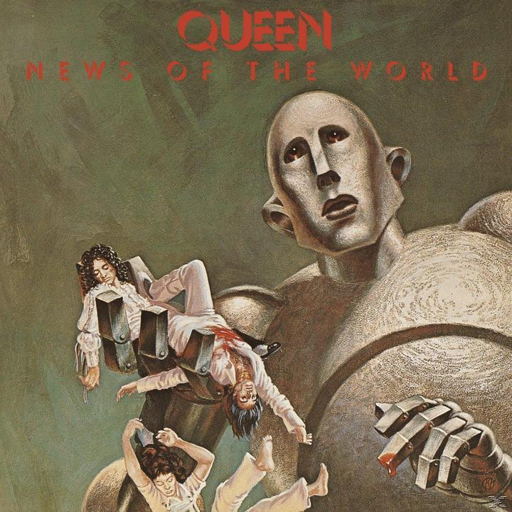 Queen Albumcover: News of the World. Roboter hält tote Menschen. Grüner Hintergrund.