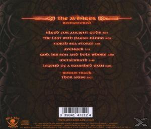 Album-Rückseite für 'The Avenger' mit Trackliste und dunklem, feurigem Design mit Totenkopf.