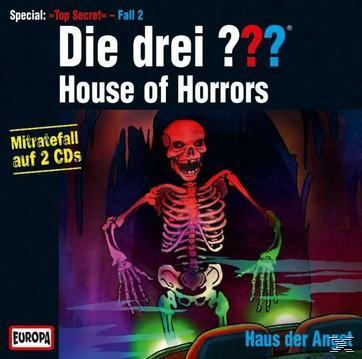 Filmcover von 'Die drei ??? House of Horrors'. Ein Skelett steht in einer gruseligen Umgebung.