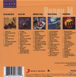Albumcover von Boney M. mit Titelliste. Oranger Hintergrund.
