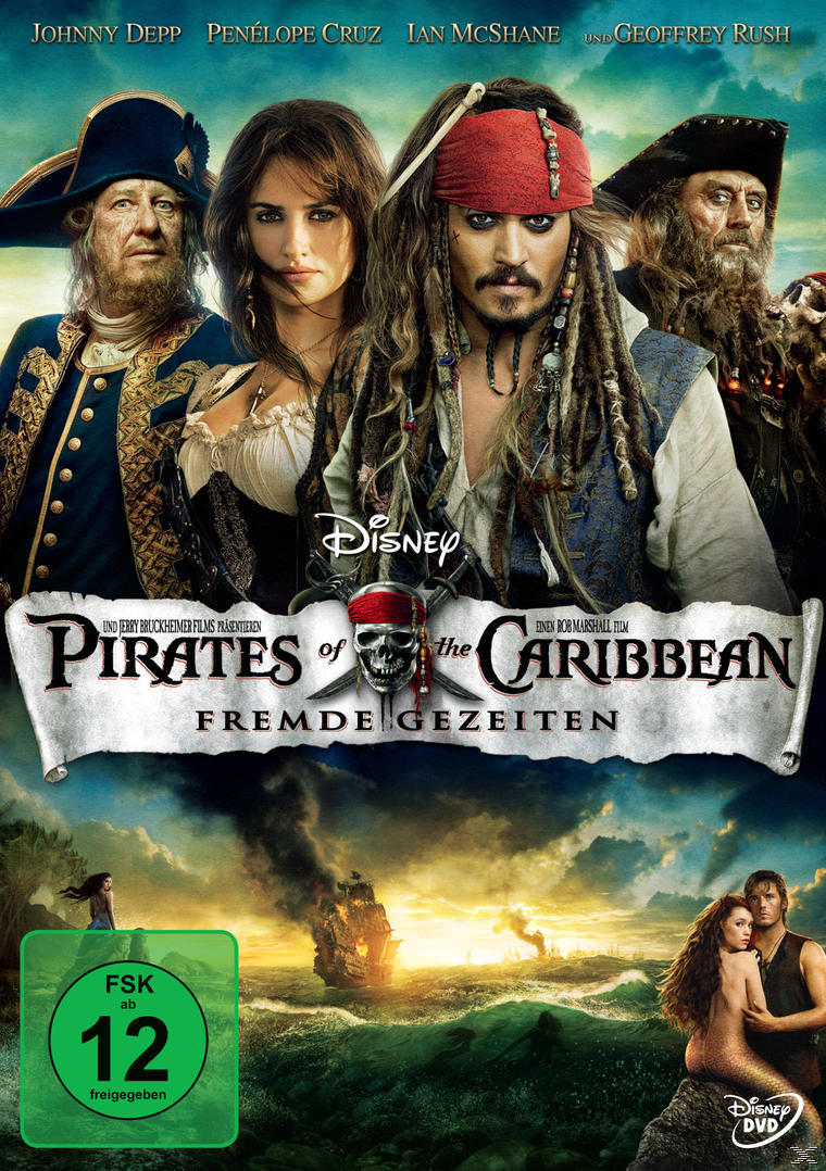 Pirates of the Caribbean DVD-Cover mit Johnny Depp und anderen. Ein Schiff und eine Meerjungfrau sind auch vorhanden.