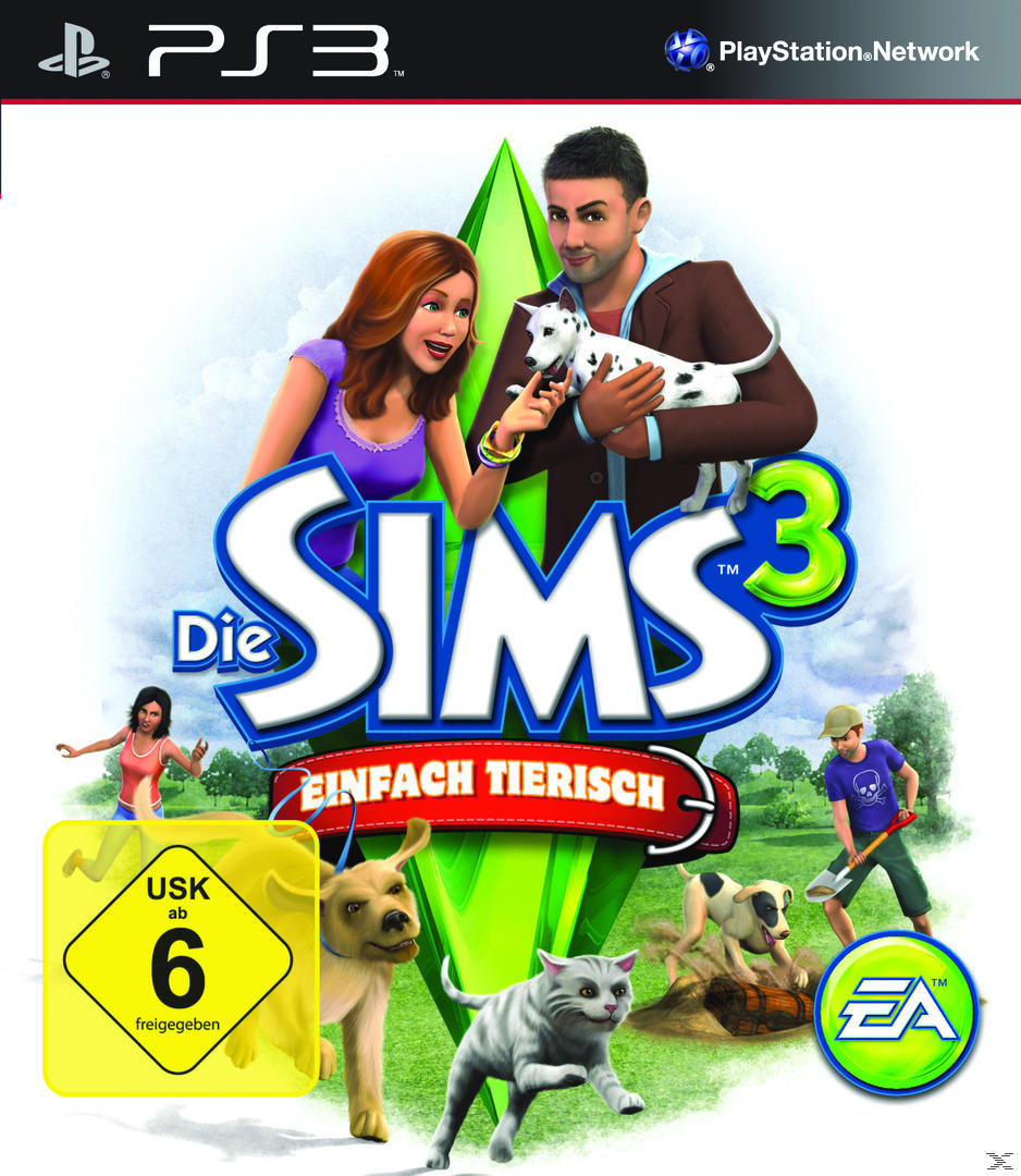 Sims 3-Spielcover. Zu den Charakteren gehören eine Frau, ein Mann mit Hund, eine Katze und ein Hund.
