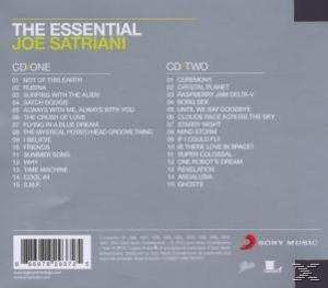 CD-Cover von 'The Essential Joe Satriani'. Es listet Songs auf CD eins und zwei auf.
