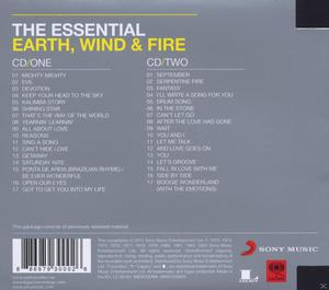 CD-Rückseite mit Titelliste. Text: The Essential Earth, Wind & Fire. Zwei CDs werden angezeigt.