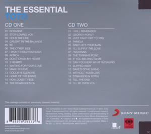 Rückseite eines Albums, zeigt eine Titelliste und das Sony Music Logo. Das Album heißt "The Essential Toto".