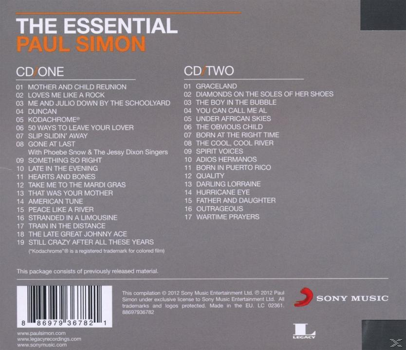 CD-Cover, Paul Simons 'The Essential'. Listet Songs von CD One und CD Two, mit Sony Music und Legacy Logos.