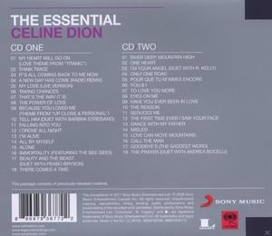 CD-Rückseite mit Titelliste für Celine Dions 'The Essential'. Enthält einen Barcode und das Sony Music-Logo.
