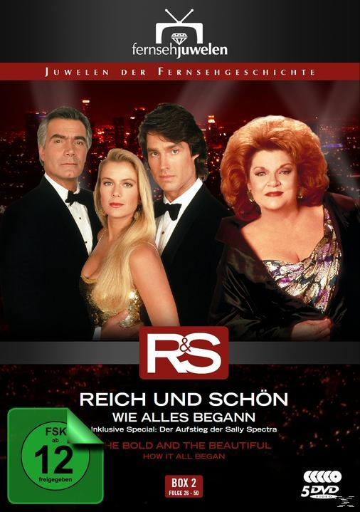 DVD-Cover: Vier Personen in formeller Kleidung. Titel: Reich und Schön, Wie alles begann. Blaue Hülle.