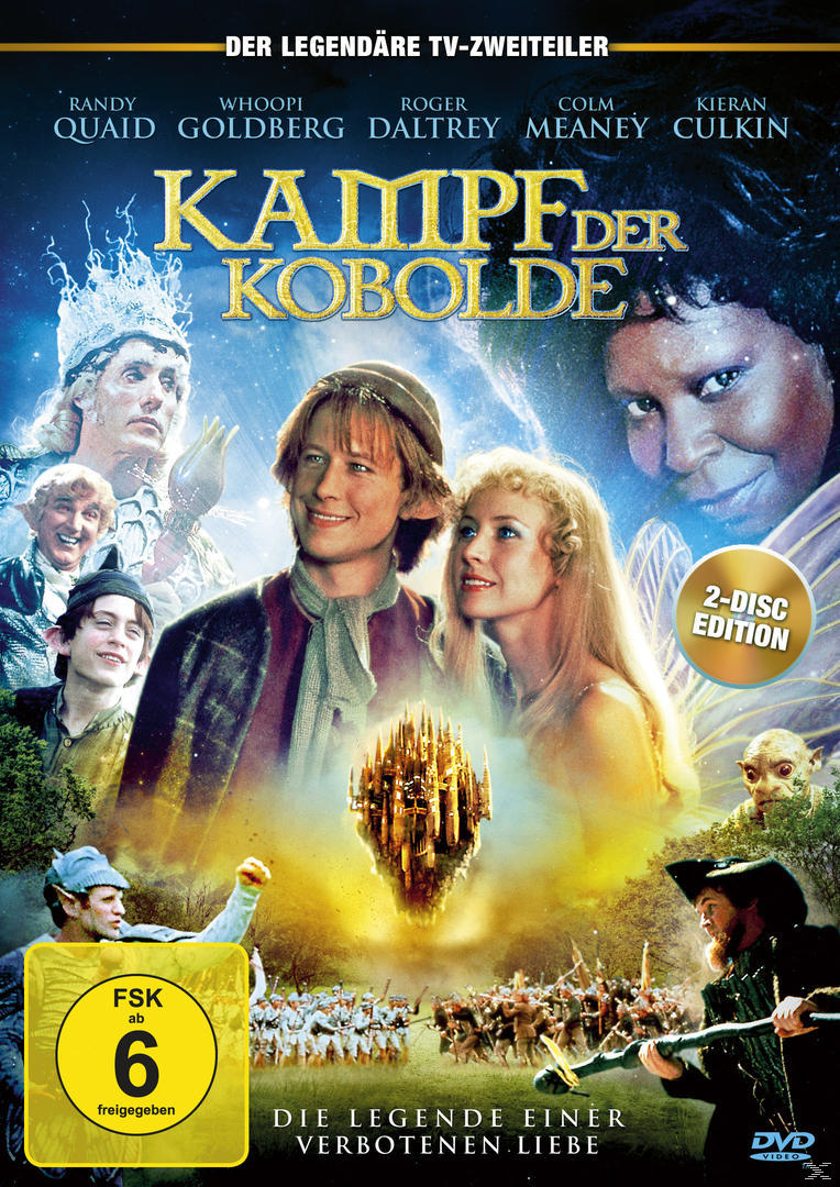 DVD-Cover: 'Kampf der Kobolde', Fantasyfilm, verschiedene Charaktere, Burg-Hintergrund.