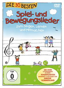 DVD-Cover mit Kindern, Noten und deutschem Text über Lieder.