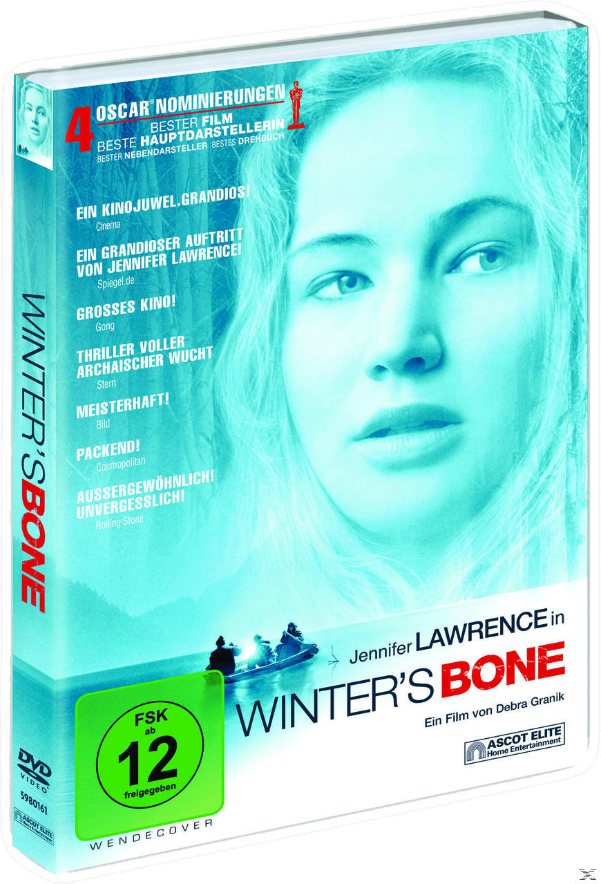 DVD-Cover: Winter's Bone, Jennifer Lawrence. Bläulich gefärbtes Bild eines Frauengesichts und Text.
