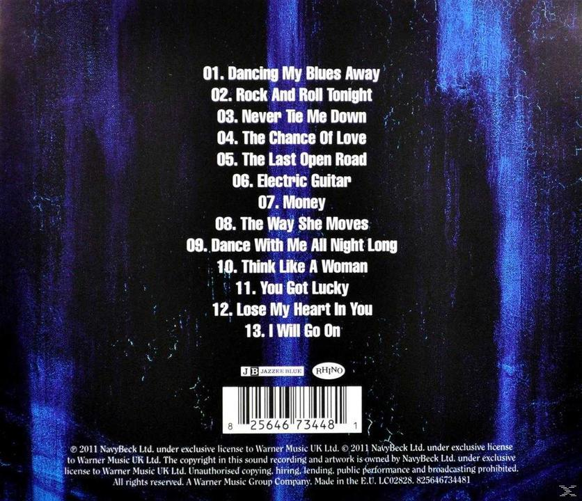 CD-Rückseite mit Trackliste. Texte, Künstlername und Copyright-Info auf blauem Hintergrund.