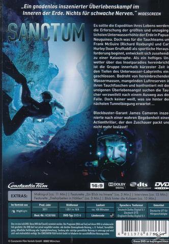 DVD-Cover. Taucher in Unterwasserhöhle. Text: Sanctum. Details zum Film und zu den Szenen sind ebenfalls enthalten.