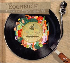 Vinylplatte mit Essenskunst. Titel: Liedfett Kochbuch. Eine Plattenspielernadel ist auf der Vinylplatte positioniert.
