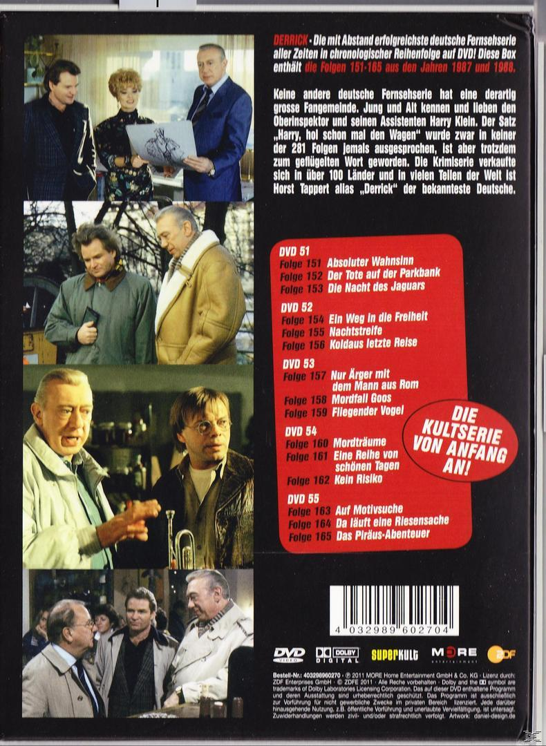DVD-Cover, 'Derrick' mit Fotos der Darsteller und Episodendetails. Text auf Deutsch.
