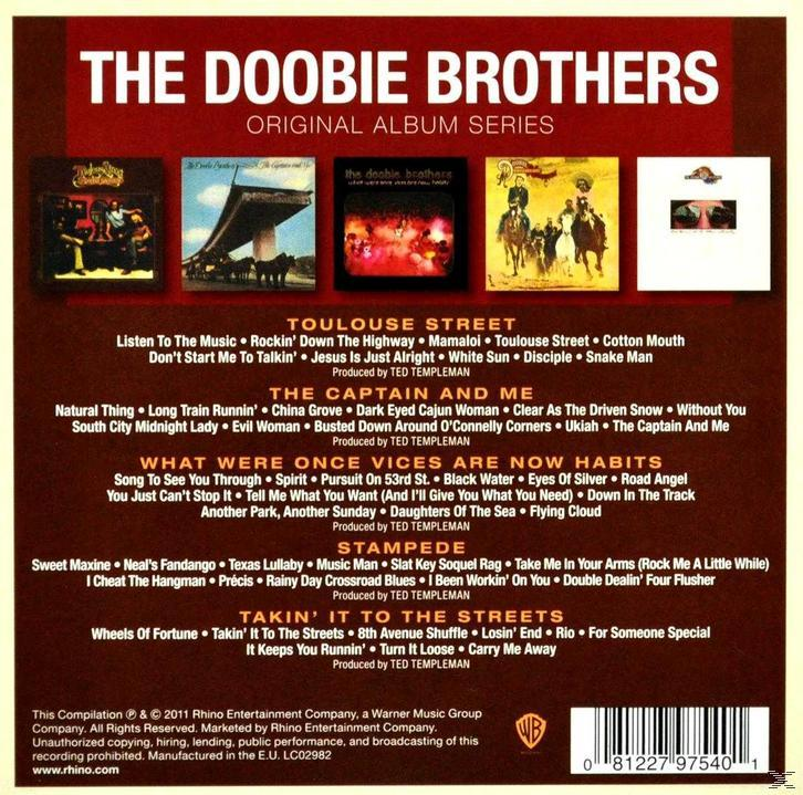 Albumcover mit Text 'The Doobie Brothers' und anderen Texten und Bildern von Albumcovern.