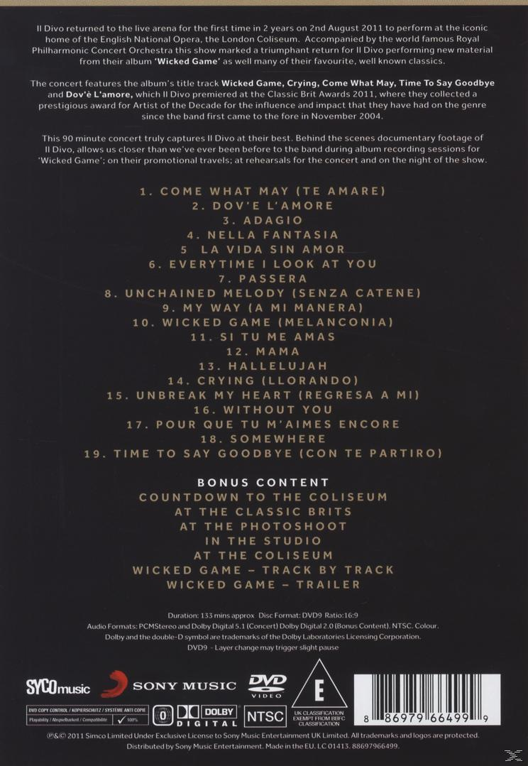 DVD-Cover des Il Divo-Konzerts. Listet gespielte Songs, Bonusmaterial und Credits auf. Text auf weißem Hintergrund.