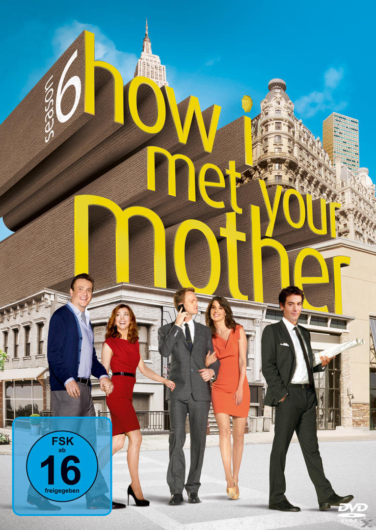 DVD-Cover von How I Met Your Mother, Staffel 6. Schauspieler gehen auf einer Straße, New Yorker Gebäude im Hintergrund.