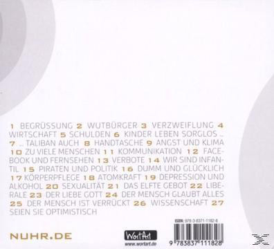 CD-Rückseite mit Text. Liste von 27 Artikeln. Titel ist auf Deutsch.