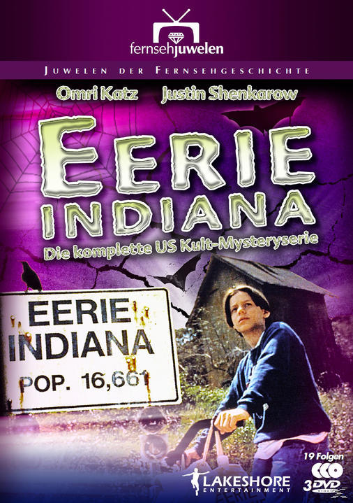 DVD-Cover: Eerie Indiana, ein Junge, ein Schild und ein unheimliches Haus. Lila und schwarzer Hintergrund mit Text.