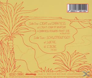 Rückseite eines Albums mit Palmen, Bergen und einem Barcode. Trackliste ist aufgeschrieben.