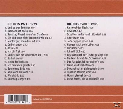 CD-Cover mit Titellisten auf Deutsch für 'Die Hits 1971-1979' und 'Die Hits 1980-1985'.