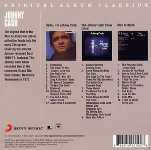 Albumcover: Johnny Cash. Zeigt Fotos von Johnny Cash und Album-Tracklisten.