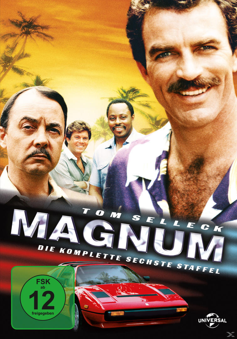 Magnum DVD-Cover mit Tom Selleck, rotem Auto und Palmen.