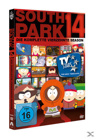 DVD-Cover für South Park Staffel 14. Enthält Zeichentrickfiguren, mit dem DVD-Titel und der FSK 16-Bewertung.