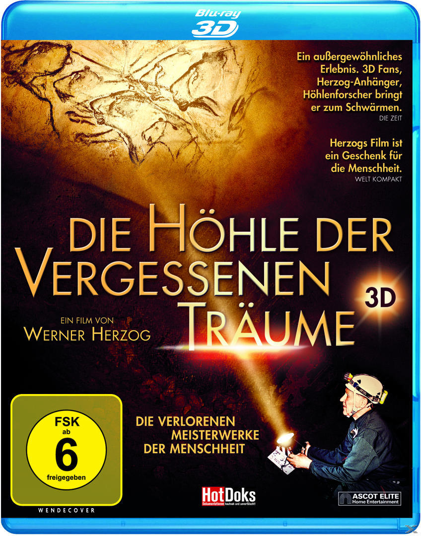 Ein Blu-ray-Cover für Die Höhle der vergessenen Träume mit einer Höhle und einem Mann mit Licht.