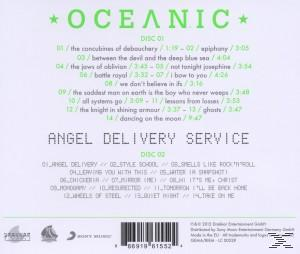 CD-Rückseite für Oceanic von Angel Delivery Service. Titelliste in grünem Text auf weißem Hintergrund. Verschiedene Logos unten.