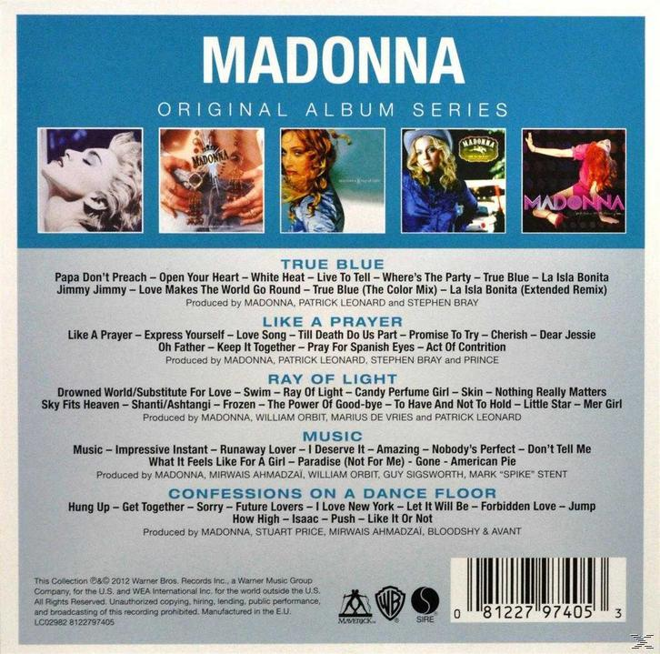 Madonna-Albumcover mit Songtiteln, mit Fotos von Madonna aus verschiedenen Alben.