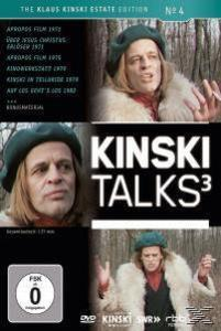 DVD-Cover. Ein Mann mit Baskenmütze in mehreren Bildern. Der Titel 'KINSKI TALKS3' ist prominent mit dem Logo.