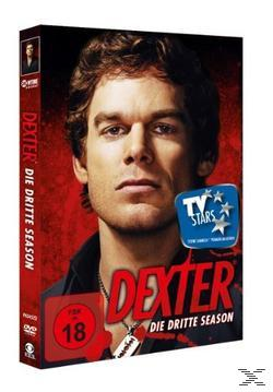 DVD-Cover von Dexter, Staffel 3. Ein Mann mit ernstem Ausdruck wird gezeigt. TV-Stars-Logo befindet sich auf dem Cover.