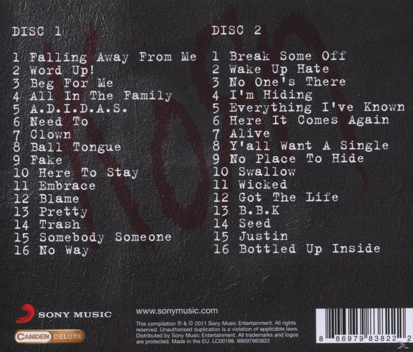 Albumcover mit zwei Titellisten. Titel: Korn - The Path of Totality. Text auf weißem Hintergrund.
